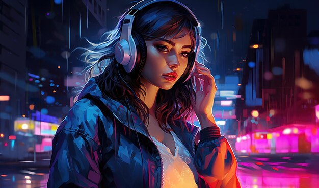 Photo young woman in a cityscape wears a casual blue jacket and listens music through oversized headphones