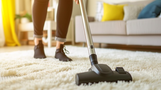 Young woman cleaning carpet with vacuum cleaner at home closeup view