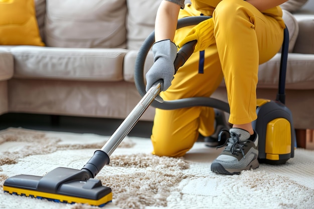 A young woman cleaning the living room with a vacuum cleaner closeup photo of legs and carpet