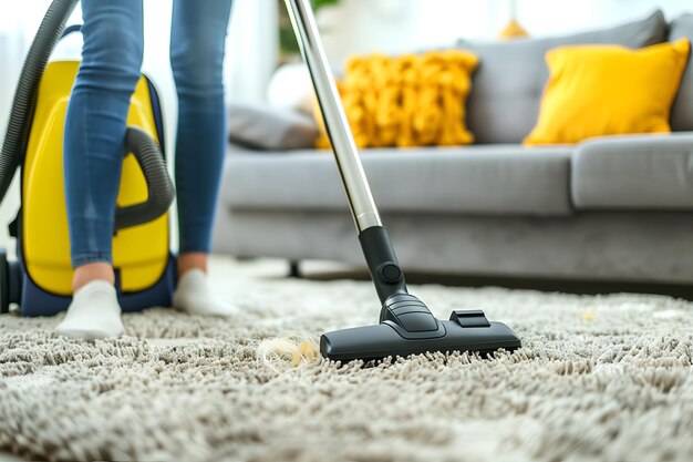 A young woman cleaning the living room with a vacuum cleaner closeup photo of legs and carpet