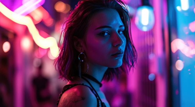 young woman at club against neon lights