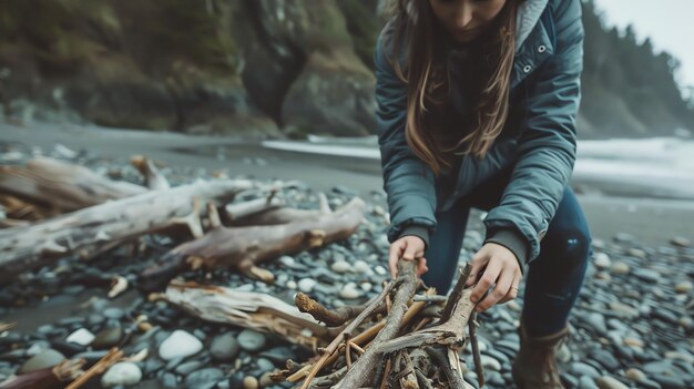 Foto giovane donna che raccoglie legna da ardere sulla spiaggia indossa una giacca blu e jeans la spiaggia è coperta di ciottoli e legna galleggiante