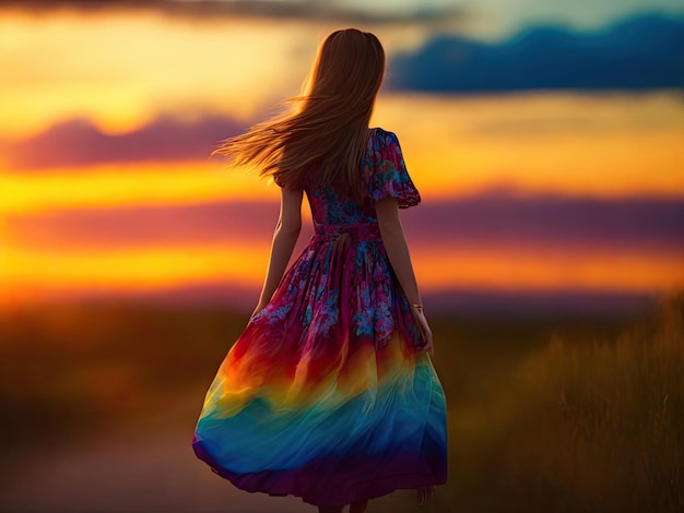A young woman in colorful dress standing in sunset ai generative