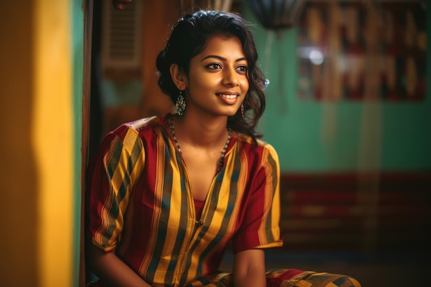 A young woman in a colorful dress