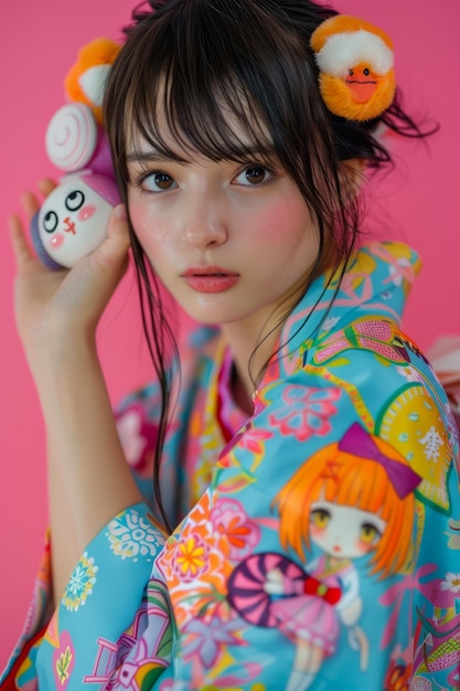 Foto giovane donna in kimono colorato con carini accessori di anime che posano su uno sfondo rosa