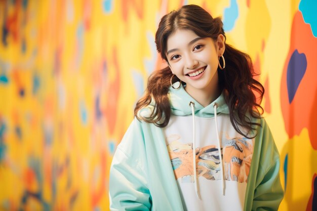 a young woman in a colorful shirt and hoodie smiles for the camera