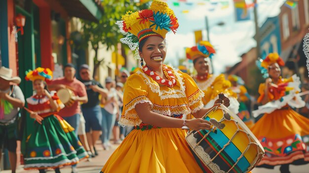 Photo a young woman in a colorful traditional dress is dancing and playing a drum