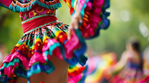 Photo a young woman in a colorful traditional mexican dress is dancing the focus is on her legs and the skirt of her dress the background is blurred