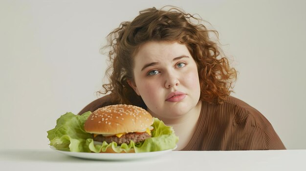 Foto giovane donna che contempla un hamburger su un piatto umore casuale e contemplativo stile di vita e scelte alimentari tema immagine di stock ai