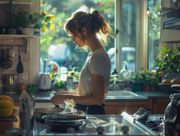 Young woman cooking in a bright kitchen