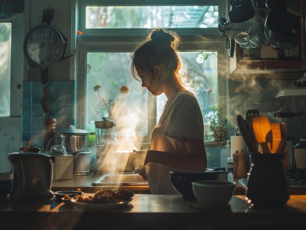 Young woman cooking in a cozy kitchen