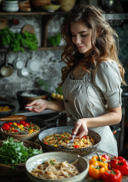 Фото Молодая женщина готовит макароны на кухне