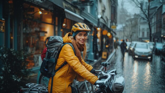 Young Woman Courier Delivers Lunches on Snowy City Day