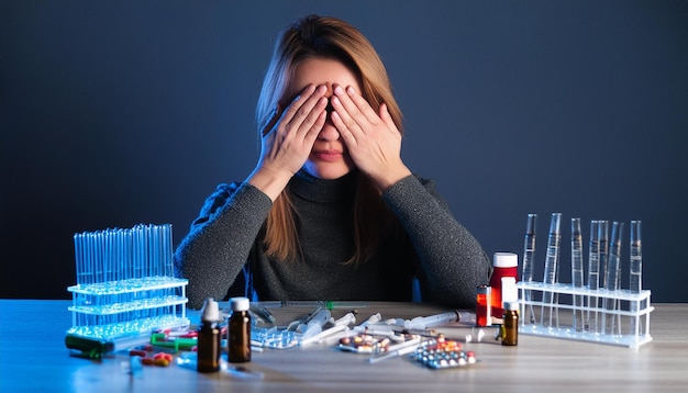 Фото Молодая женщина закрывает глаза на заднем плане таблетки шприцы наркотики темный