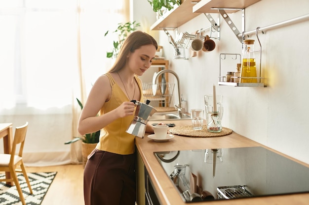 young woman in a cozy kitchen brewing coffee with style and passion for the perfect morning