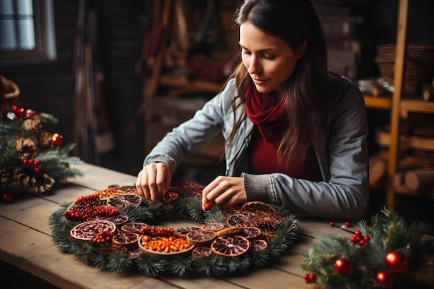 美しいクリスマス リースを作る若い女性 DIY 狡猾なクリスマス