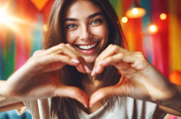 a young woman creating a heart shape with her hands