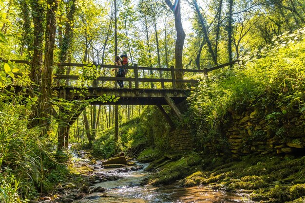 Una giovane donna che attraversa un ponte di legno nel parco della pagoeta nei paesi baschi di aia guipuzcoa