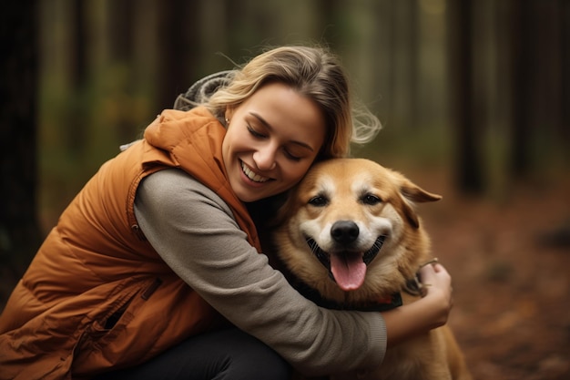 Young woman cuddling with her loving dog pet in forest Generative AI