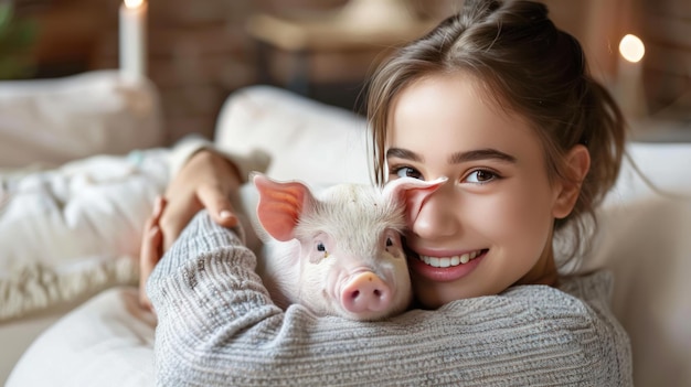 Photo young woman cuddling with a piglet