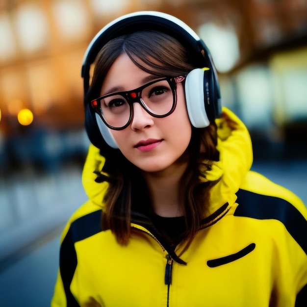 Young woman in cyberpunk VR glasses