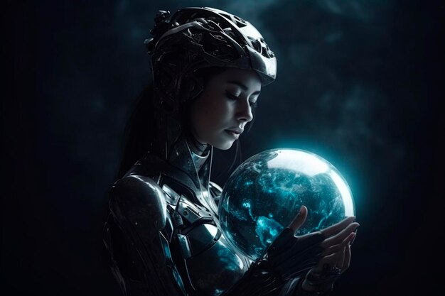 Young woman cyborg holds a sphere in her hands