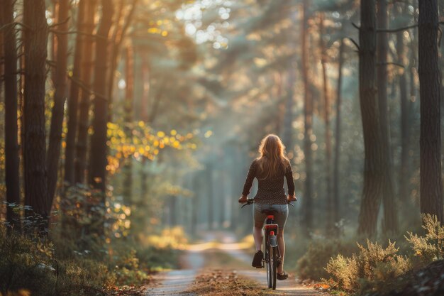 森で自転車に乗る若い女性