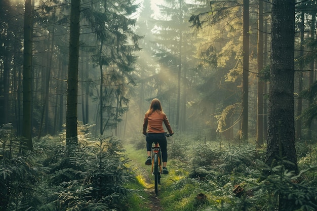 森で自転車に乗る若い女性