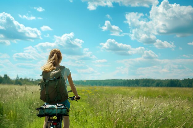 Foto giovane donna in bicicletta con zaino su un prato verde e sullo sfondo del cielo blu