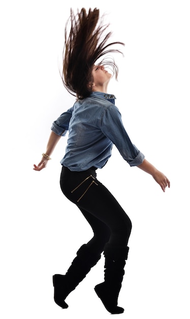 young woman dancing isolated on white background