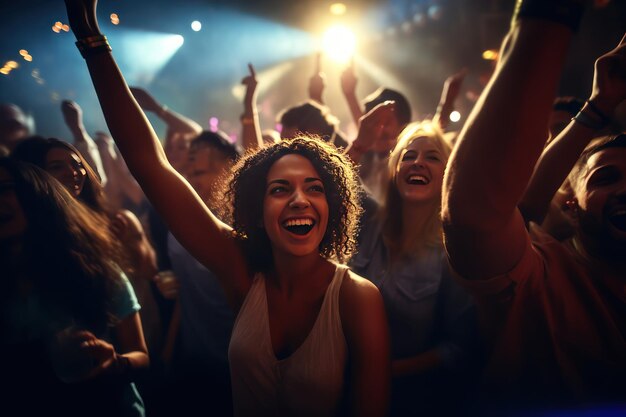 Young woman dancing in neon light Large group of young people are dancing in a nightclub Party at a nightclub