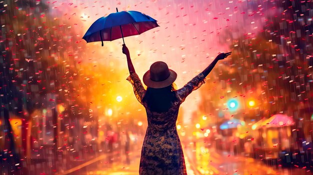 Young woman dancing in the rain with large colorful umbrellas