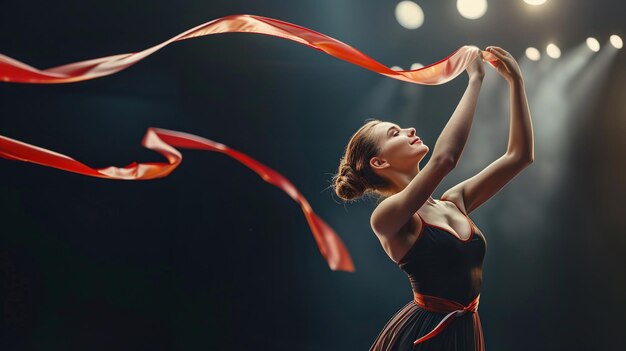 Young woman dancing with red ribbons on dark background Rhythmic gymnastics