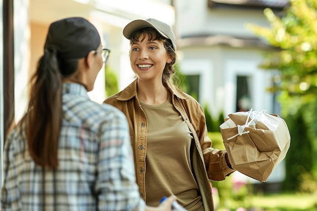 Photo a young woman deliverer carrying a bag of groceries exchanging greeting with a customer at their doo