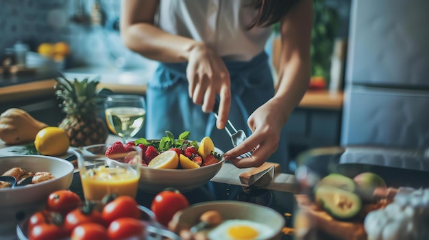 Foto una giovane donna con un grembiule di denim e una camicia bianca sta preparando un'insalata sana in cucina