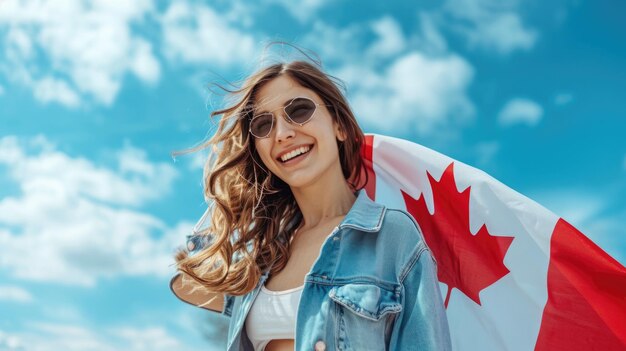 Photo young woman in denim jacket holding canada flag against blue sky