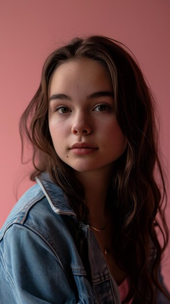 Photo a young woman in a denim jacket posing against a pink background