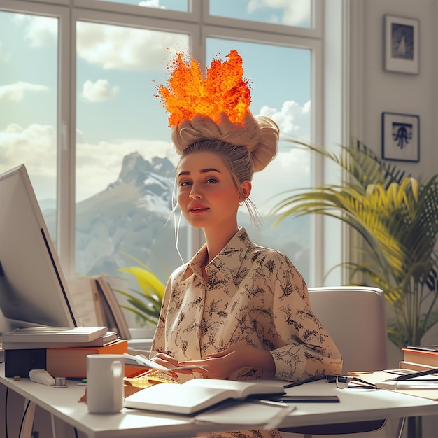 A young woman designer exasperated by a client into a real volcano on top of her head