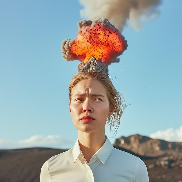 Photo a young woman designer exasperated by a client into a real volcano on top of her head