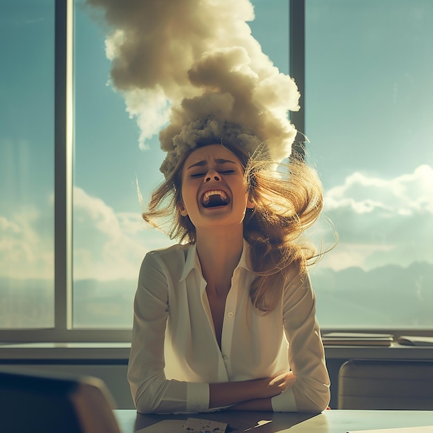 A young woman designer exasperated by a client into a real volcano on top of her head