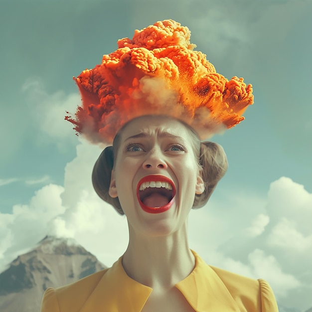 Photo a young woman designer exasperated by a client into a real volcano on top of her head