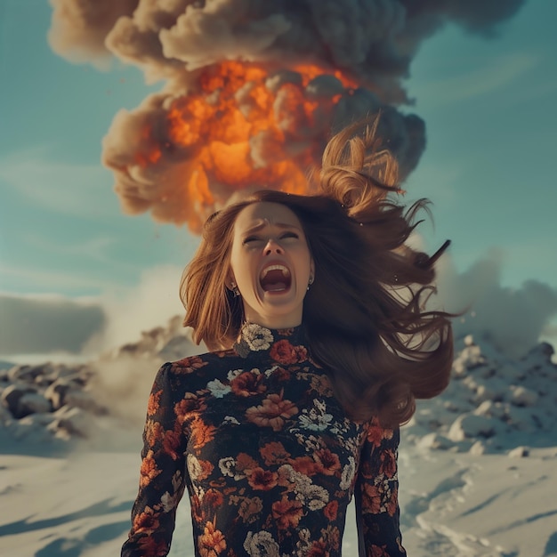 Photo a young woman designer exasperated by a client into a real volcano on top of her head