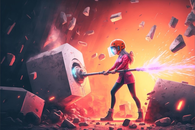 Young woman destroying by futuristic machine digital art style illustration painting fantasy concept of a woman vs futuristic machine