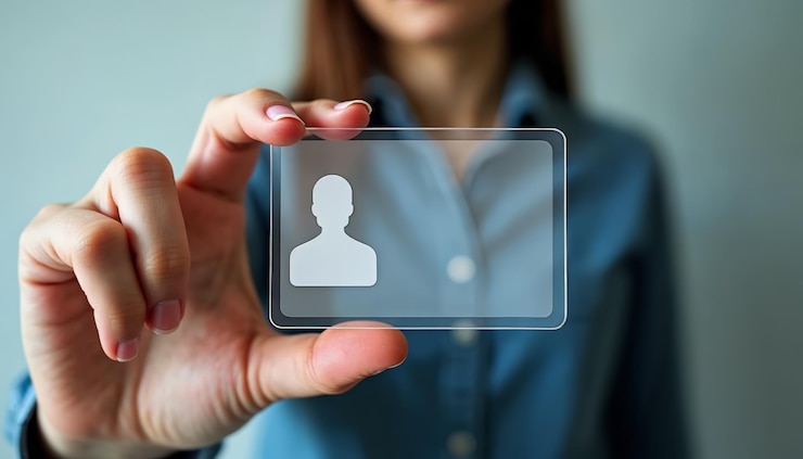 Photo young woman displaying transparent id card for professional settings and identity verification