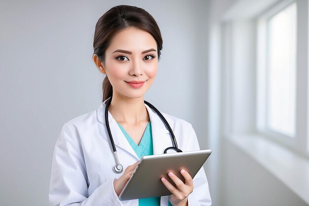 Photo young woman doctor holding a tablet pc