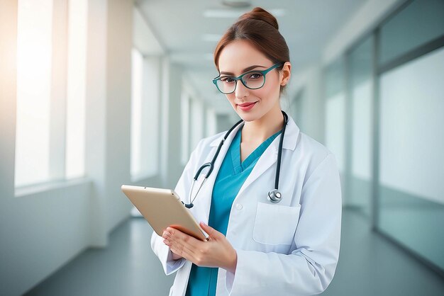 Photo young woman doctor holding a tablet pc