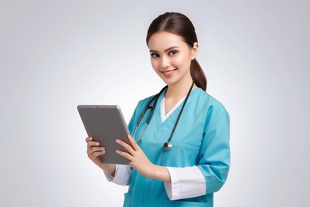 Photo young woman doctor holding a tablet pc