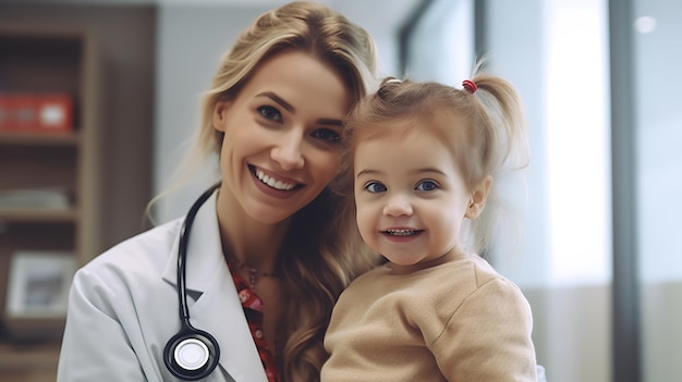 Young woman doctor is holding a little girl in her arms A visit to a pediatrician at the hospitalreated with Generative AI technology