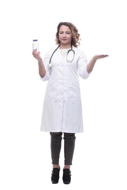 Young woman doctor showing her business card