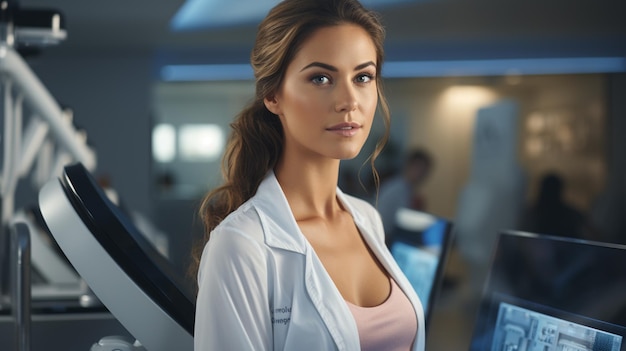 Young woman doctor standing in corridor in hospital corridorgenerative ai